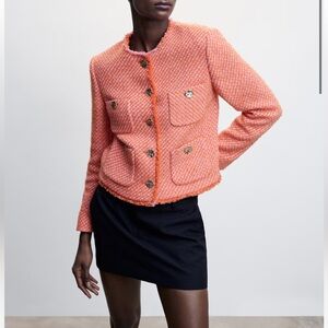 Mango Vibrant Coral Tweed jacket with Gold Buttons